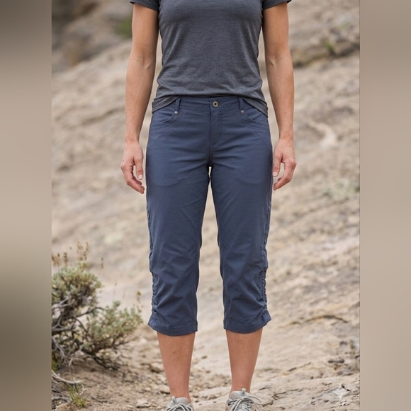 Kuhl Pants - KUHL Trekr Kapri Hiking Pants Blue Ruched Side Cinch Cargo Size 8